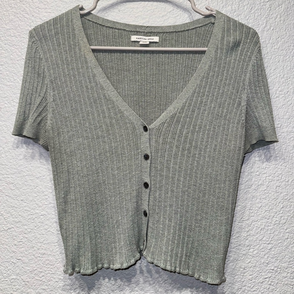 American Eagle Green Button Down Crop Top with Ruffled Bottom